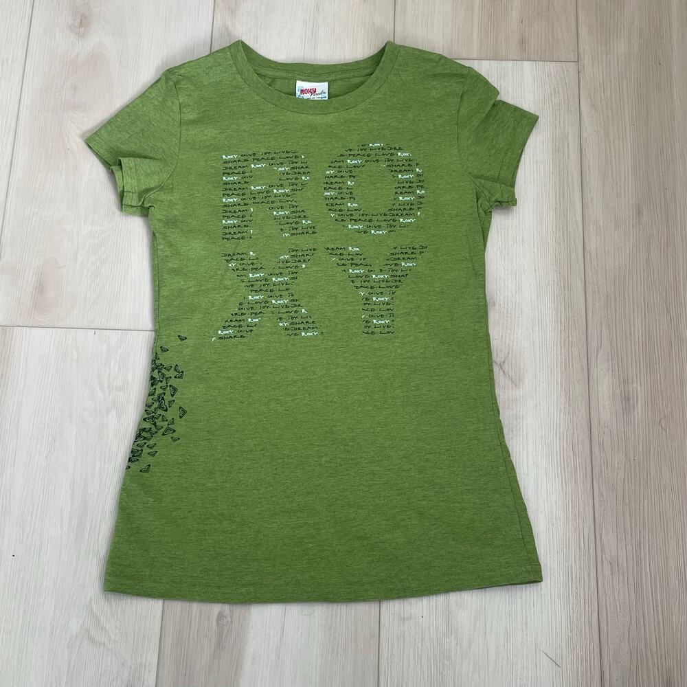 Roxy Y2K Women's Green Graphic Baby Tee Surf -Skate Fitted Top- Size Large